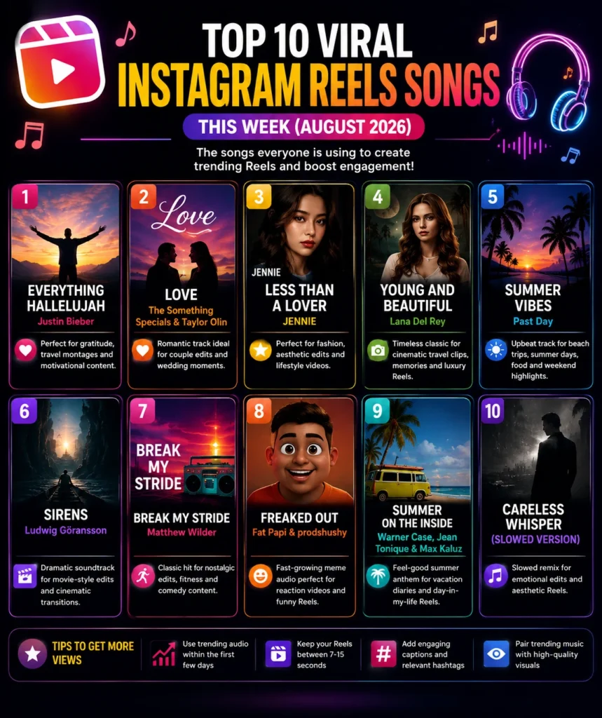 Discover the top 10 trending Instagram Reels songs of August 2026. Check out the latest viral audio tracks creators are using to increase views, engagement, and reach.